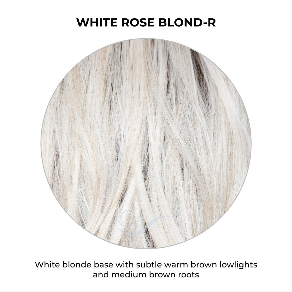 White Rose Blond-R-White blonde base with subtle warm brown lowlights and medium brown roots