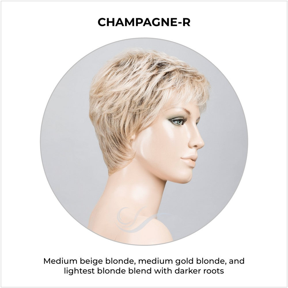 Yoko wig by Ellen Wille in Champagne-R-Medium beige blonde, medium gold blonde, and lightest blonde blend with darker roots