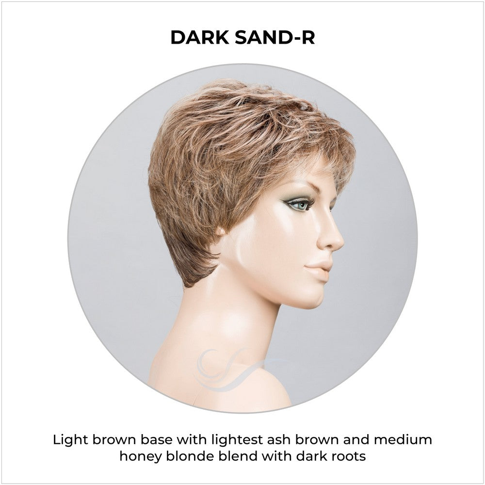Yoko wig by Ellen Wille in Dark Sand-R-Light brown base with lightest ash brown and medium honey blonde blend with dark roots