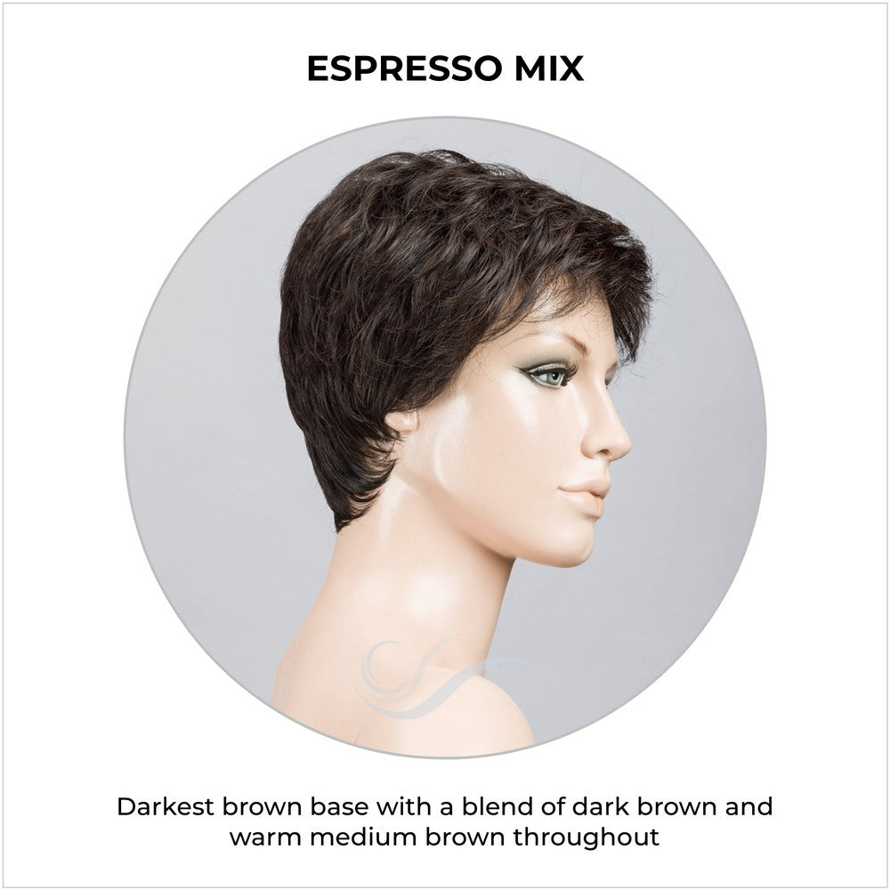 Yoko wig by Ellen Wille in Espresso Mix-Darkest brown base with a blend of dark brown and warm medium brown throughout 