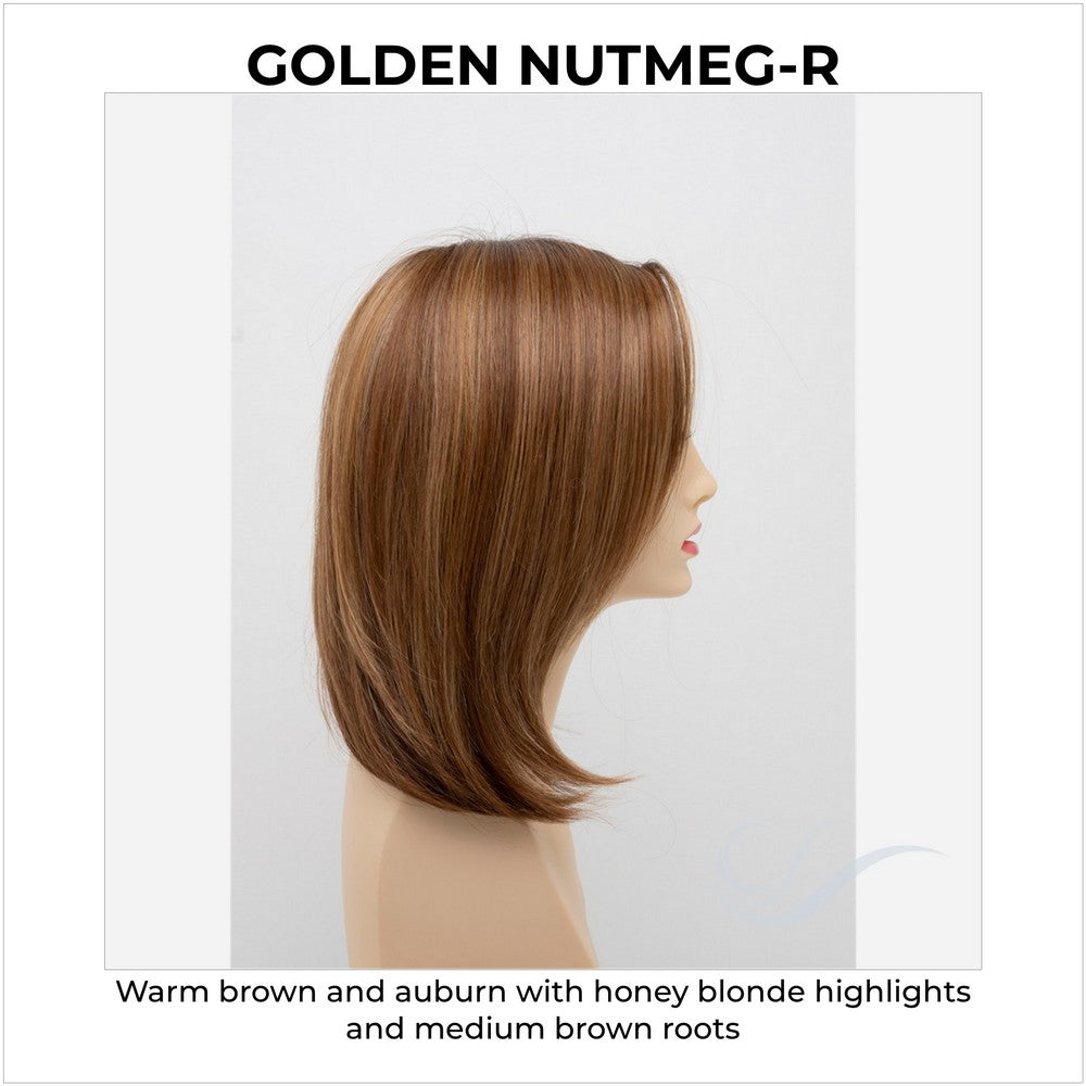 Zoey By Envy in Golden Nutmeg-R-Warm brown and auburn with honey blonde highlights and medium brown roots