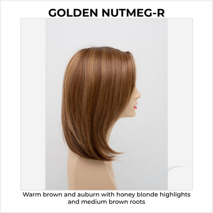 Zoey By Envy in Golden Nutmeg-R-Warm brown and auburn with honey blonde highlights and medium brown roots